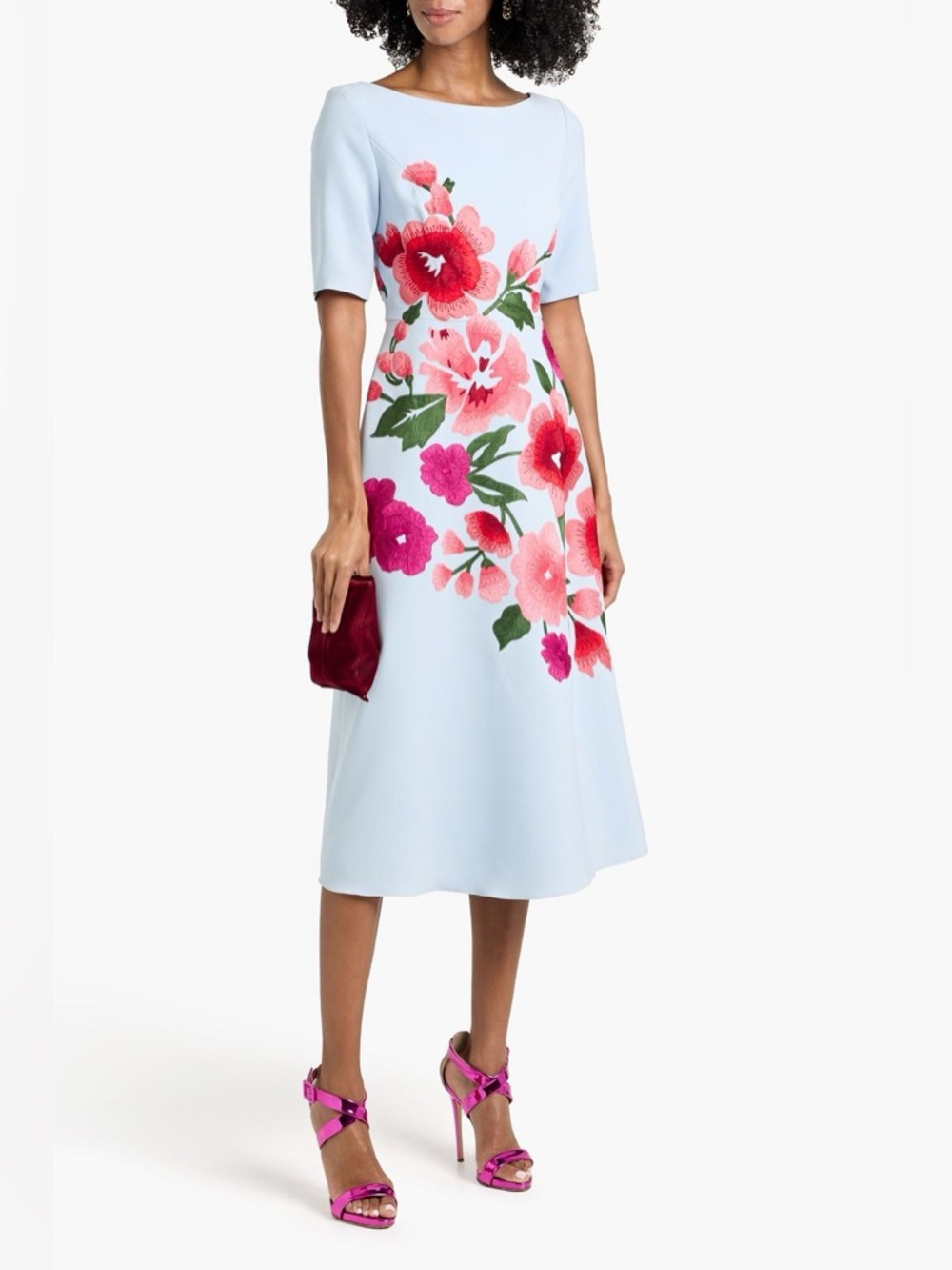 Never worn! Carolina Herrera Embroidered Crepe Light Blue Floral Midi Dress